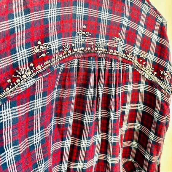 FP FREE PEOPLE Silver Sequin Bead Oversized Red Flannel Plaid Button Shirt XS - Picture 13 of 16